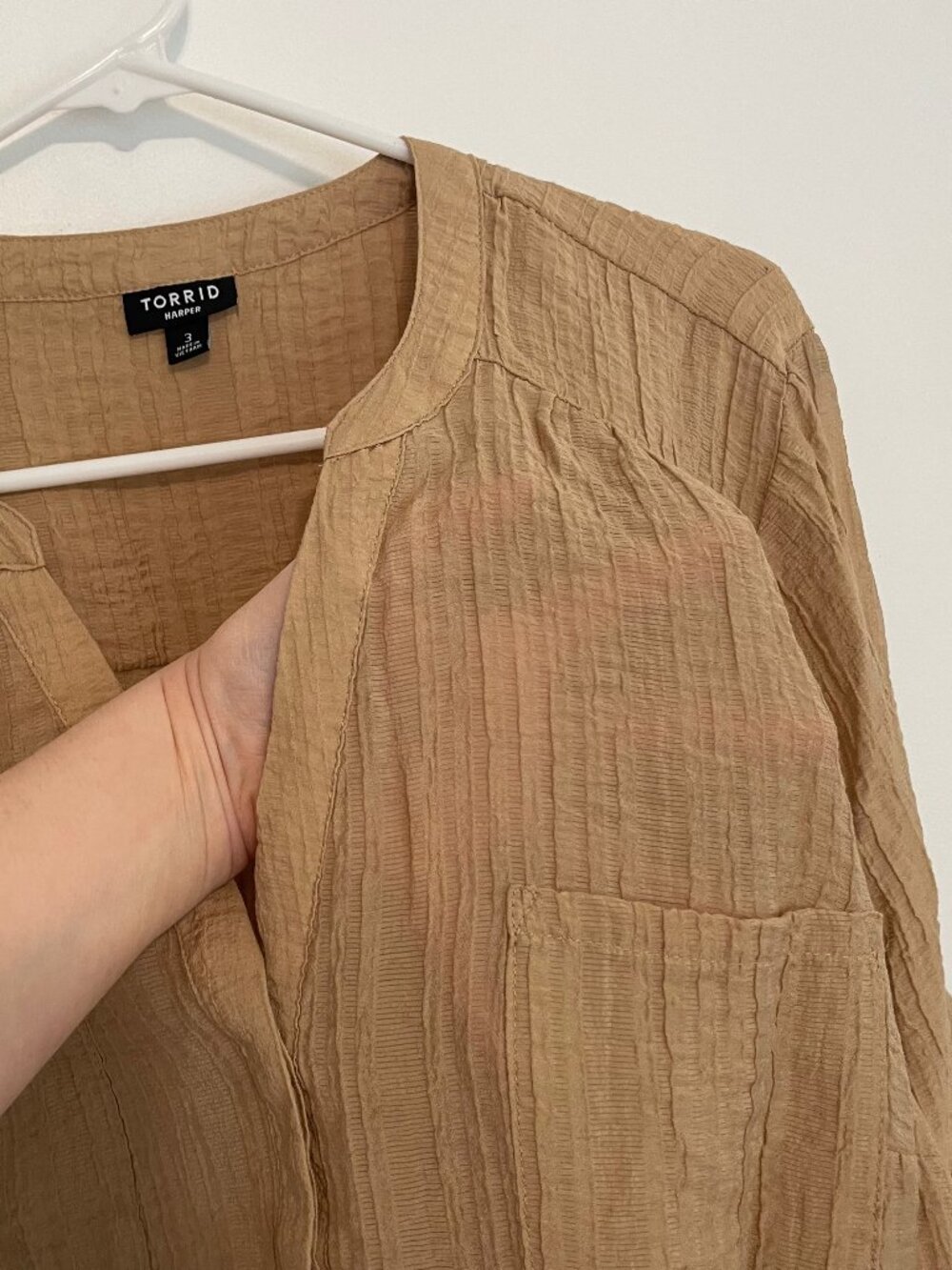 TORRID 3 Plus Size Harper Textured Stripe 3/4 Pullover Blouse Tan Brown Work 3X - Picture 6 of 16
